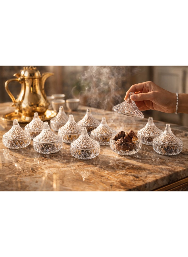 دانيا ✨ طقم 12 علبة زجاج فاخرة بغطاء مخروطي – مقاس 8×8 سم |  بتصميم كريستالي أنيق 🤍 - Image 1